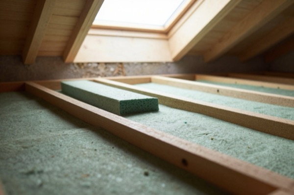 Exposed resilient bars and insulation between wooden joists.