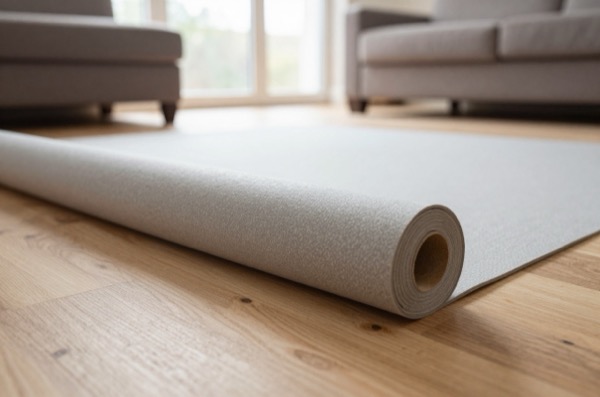 Roll of grey acoustic underlay on plywood floor in a bright living room.