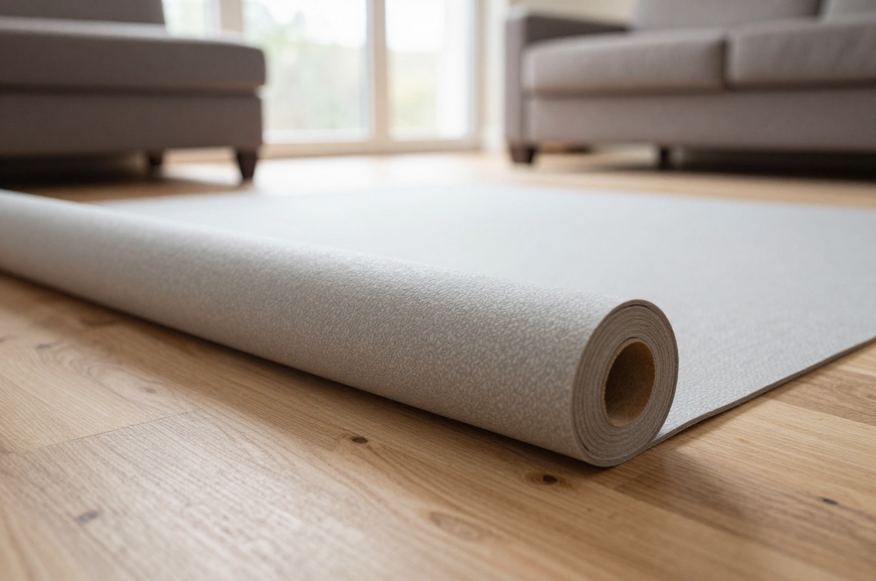 Roll of grey acoustic underlay on plywood floor in a bright living room.