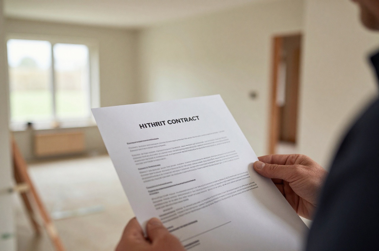 Professional reviewing a construction contract at a home renovation site.
