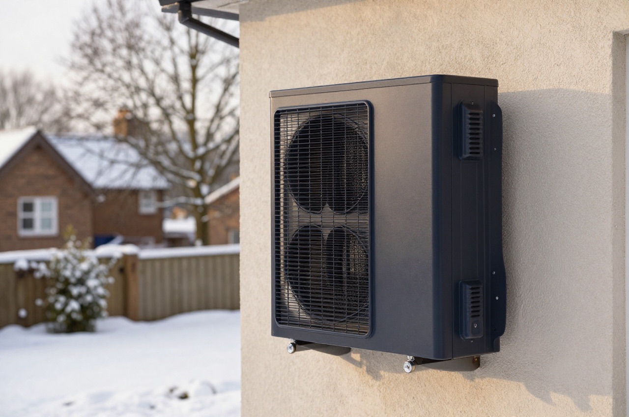 Air source heat pump installed on a wall in a snowy outdoor setting.