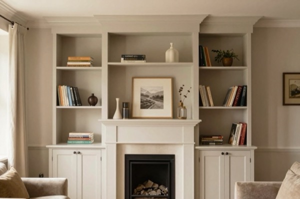 Built-in alcove cupboard with shelves and fireplace in a cozy living room.
