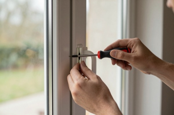 Hands repairing a double-glazed window with a screwdriver.