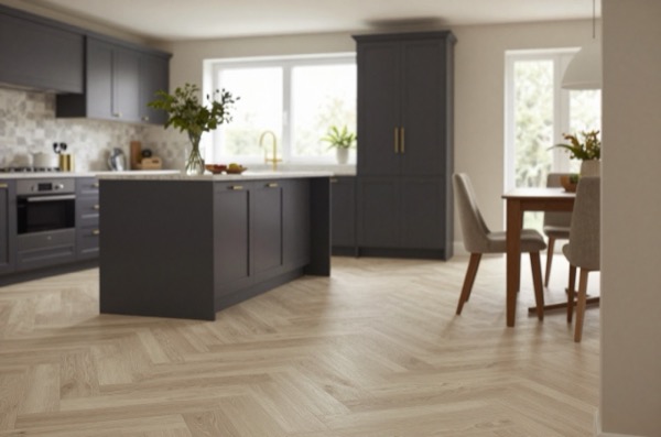 Amtico flooring in a modern kitchen and dining area with natural light.