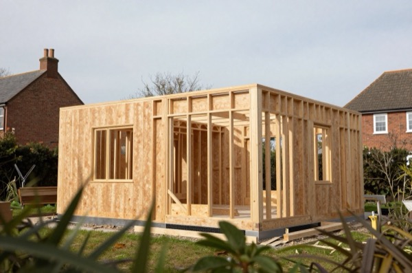 Timber annexe frame under construction in a UK garden.