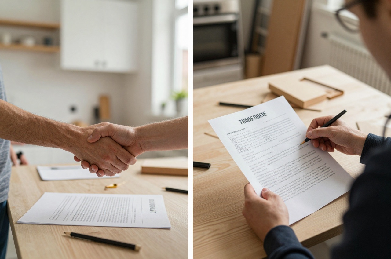 Contrasting scenes of a binding contract and fluctuating estimates.