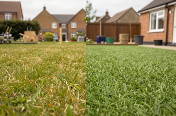 Comparison of natural grass and artificial turf in a garden setting.