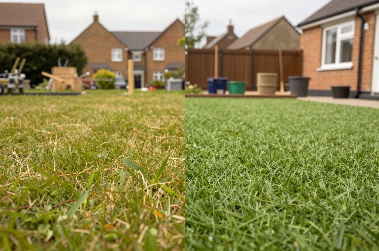 Comparison of natural grass and artificial turf in a garden setting.