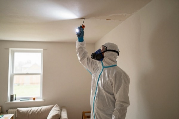 Technician in PPE inspecting ceiling plaster in living room.