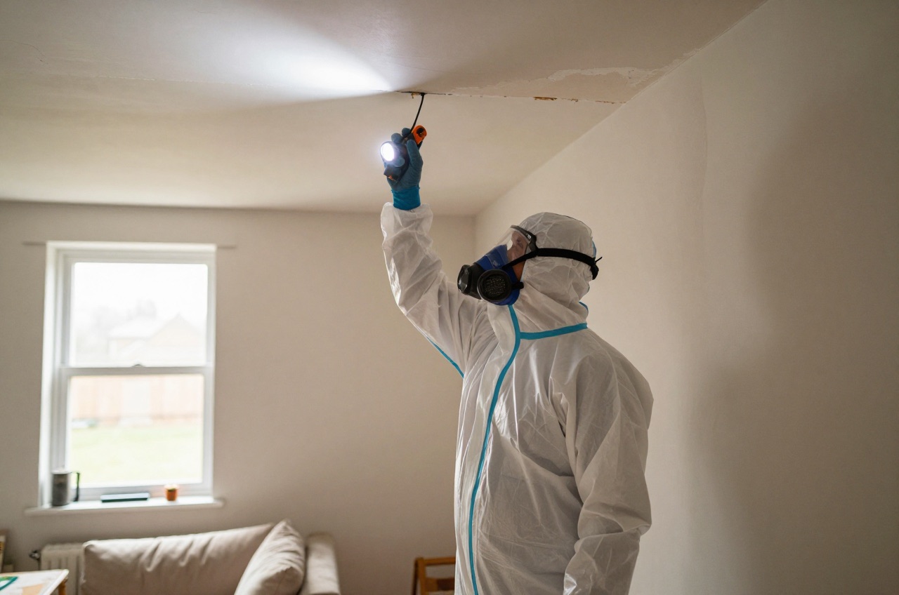 Technician in PPE inspecting ceiling plaster in living room.