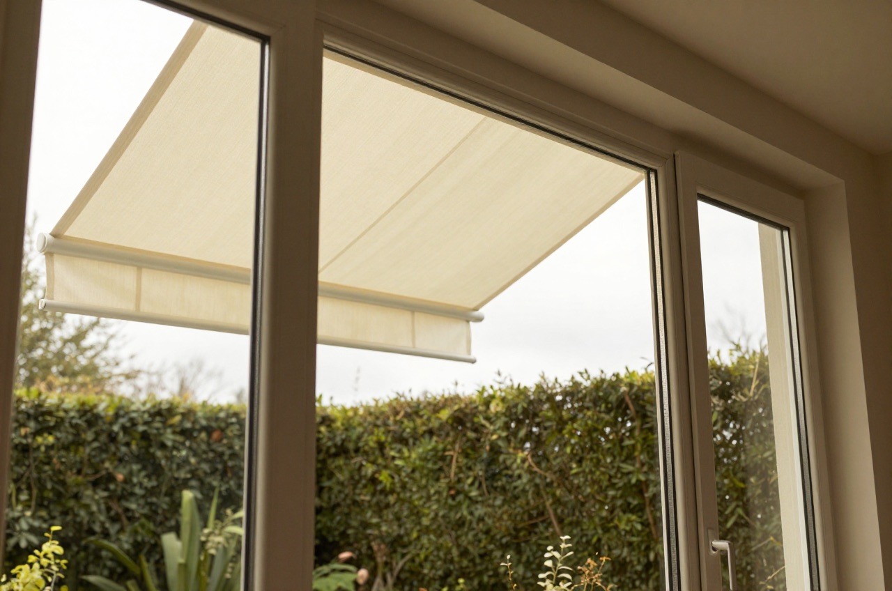 View from conservatory showing partially retracted manual garden awning.