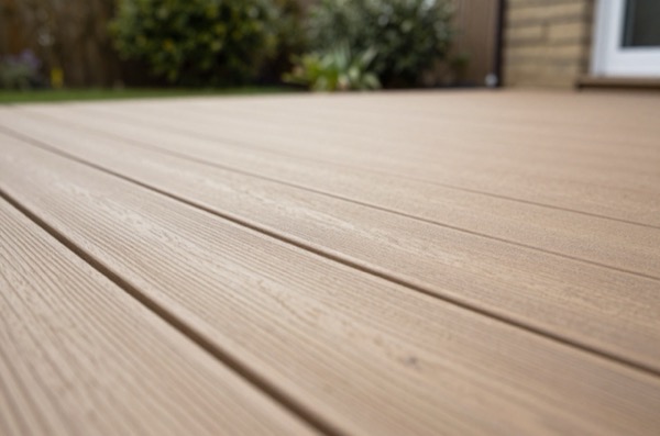 Close-up of Azek decking texture on a garden patio.