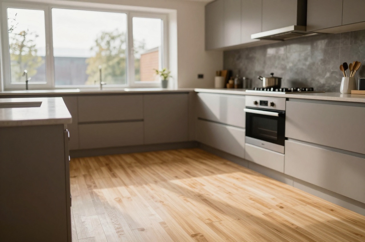 Modern kitchen with bamboo floors and natural morning light.