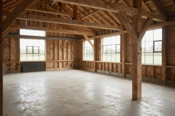 Converted barn interior with exposed timber beams and concrete floor.