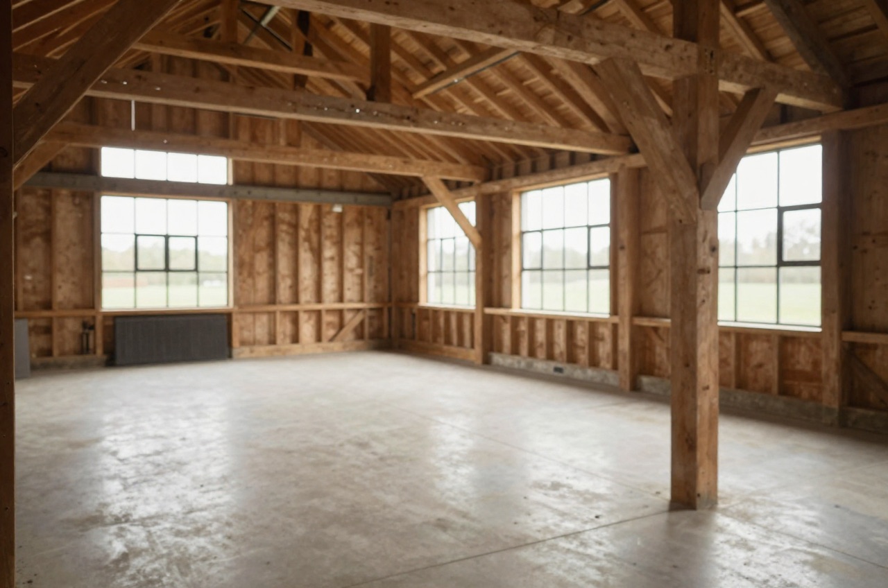 Converted barn interior with exposed timber beams and concrete floor.