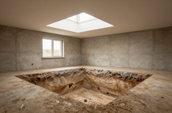 Unfinished basement with large excavation pit and natural light.