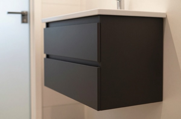 Matte black vanity unit with white basin near frosted glass.