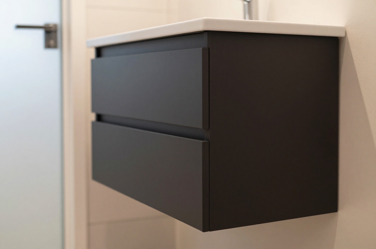Matte black vanity unit with white basin near frosted glass.