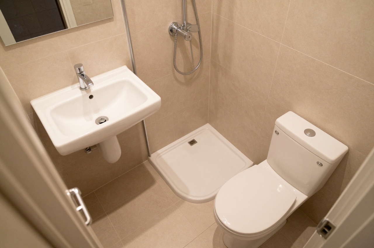 Overhead view of compact en-suite with efficient fixture layout.