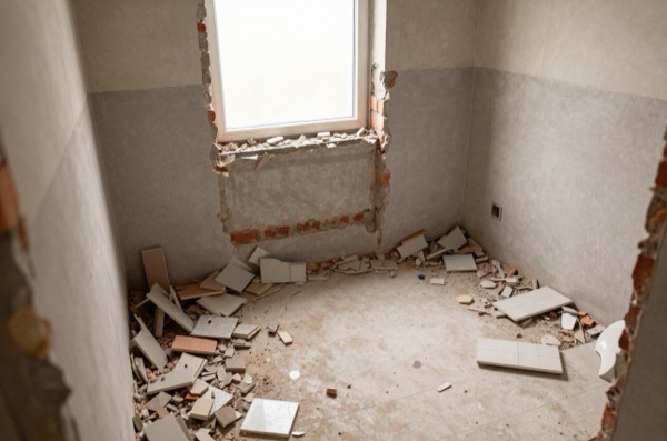 Partially demolished UK bathroom with exposed brick and scattered tiles.