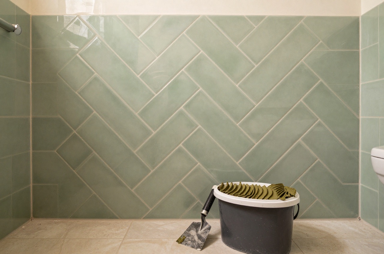 Partially tiled sage green herringbone bathroom wall.