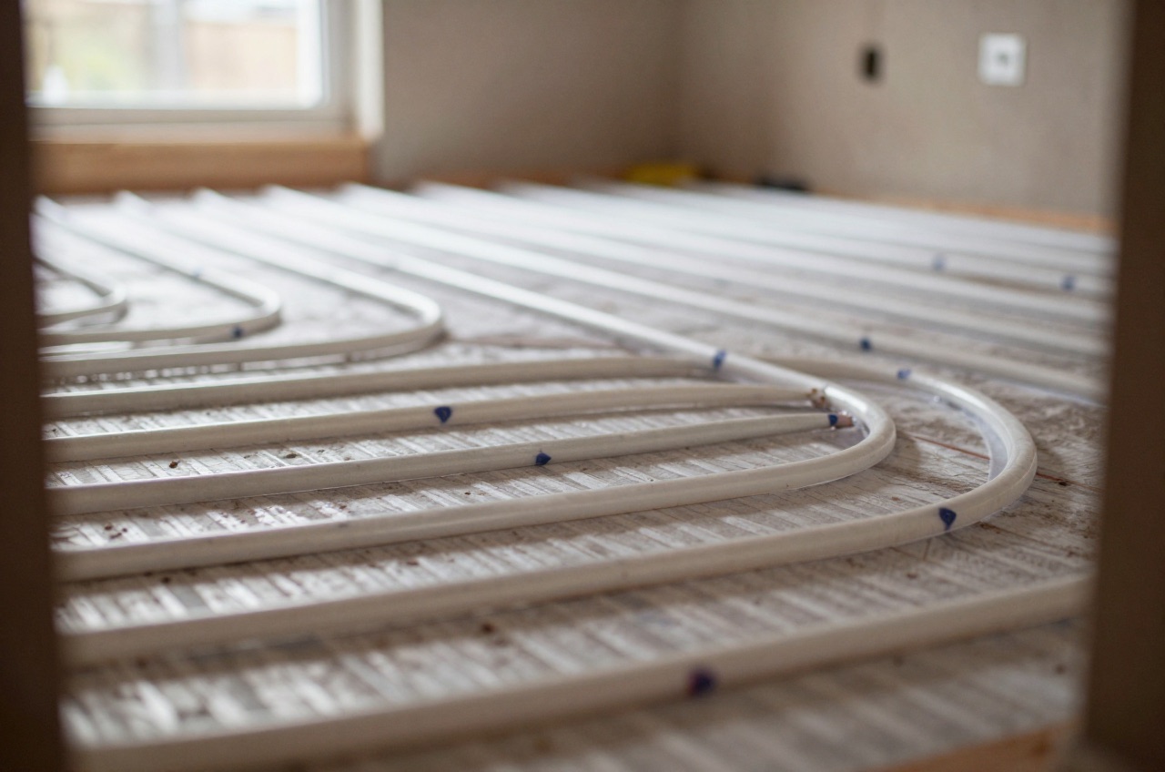 Construction site showing underfloor heating pipes under screed.