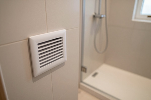 High-angle view of bathroom wall vent and shower area.