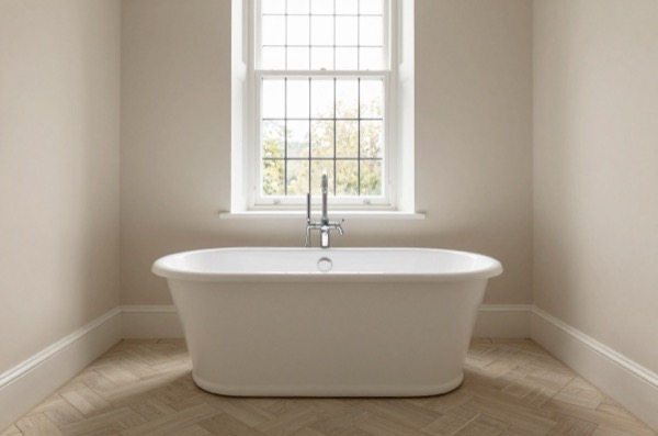 White freestanding bath in a bright Victorian bathroom.