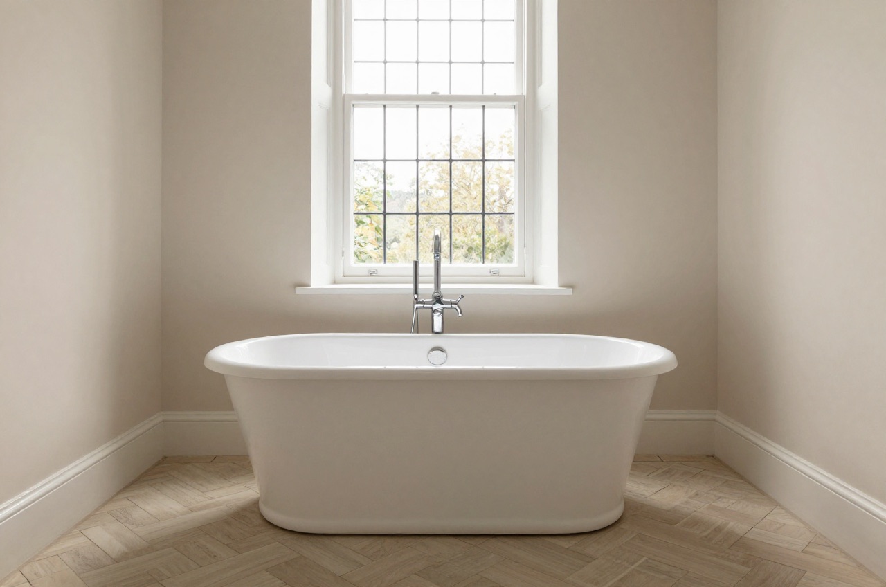 White freestanding bath in a bright Victorian bathroom.