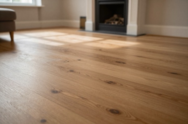 Wide-plank engineered wood flooring in a cozy living room.