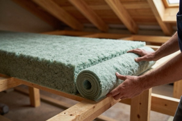 Hands installing mineral wool between timber loft joists.