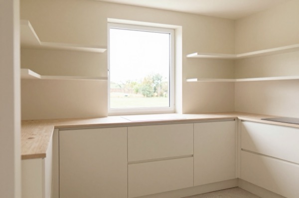 Bright cream kitchen with open shelving and daylight