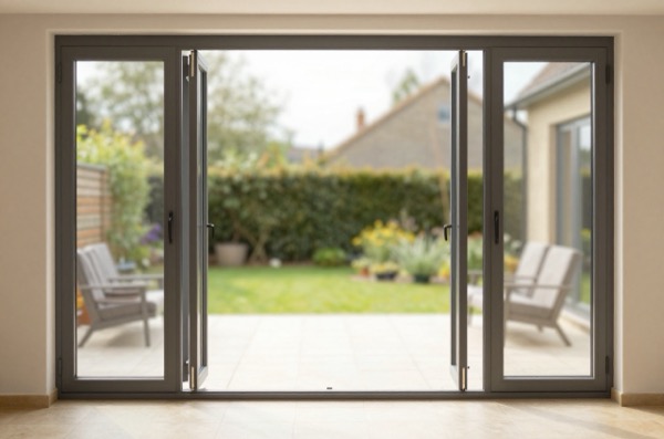 Open aluminium bifold doors leading to a sunny garden patio.