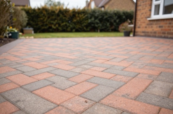 Herringbone block paving driveway in a UK garden.