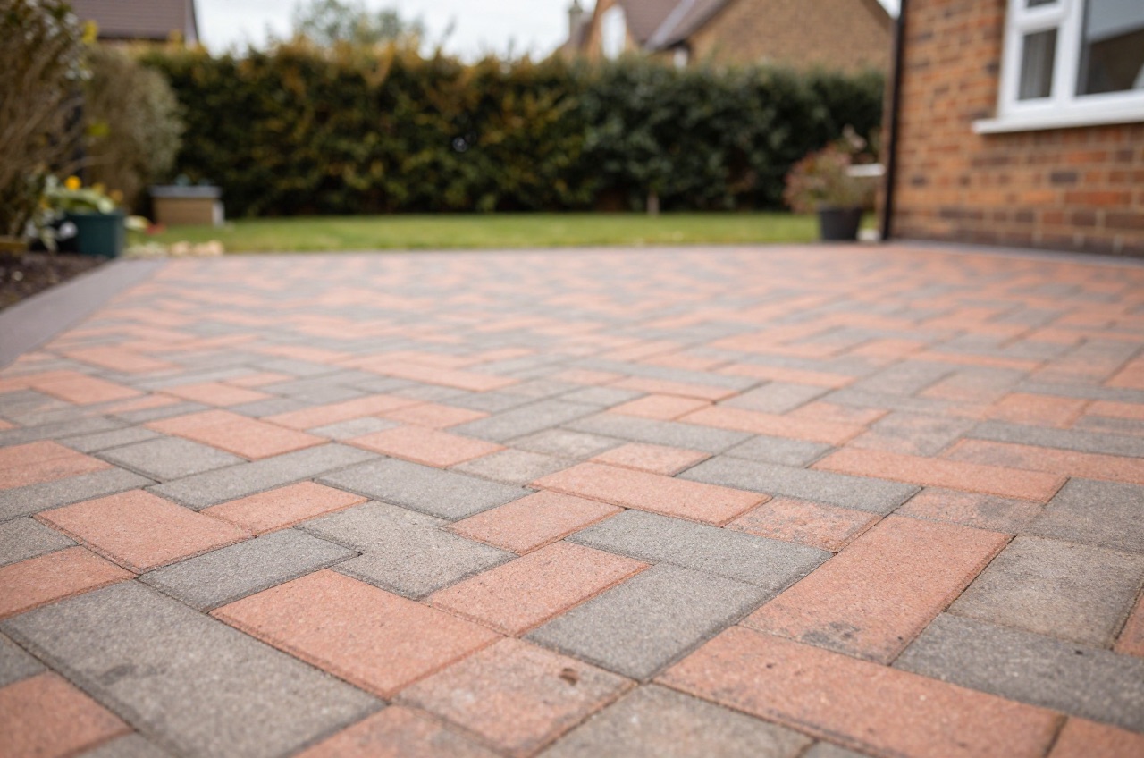 Herringbone block paving driveway in a UK garden.