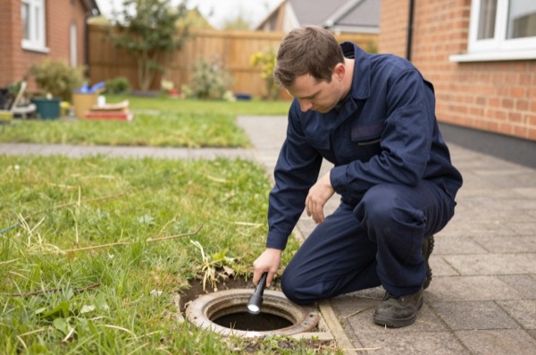 Technician inspecting an open drain in a residential garden.