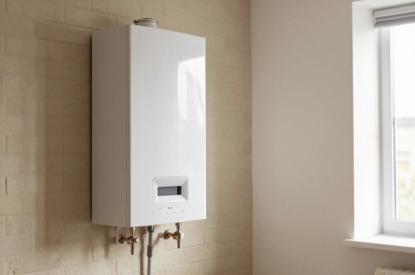 White wall-mounted boiler in sunlit modern British living room