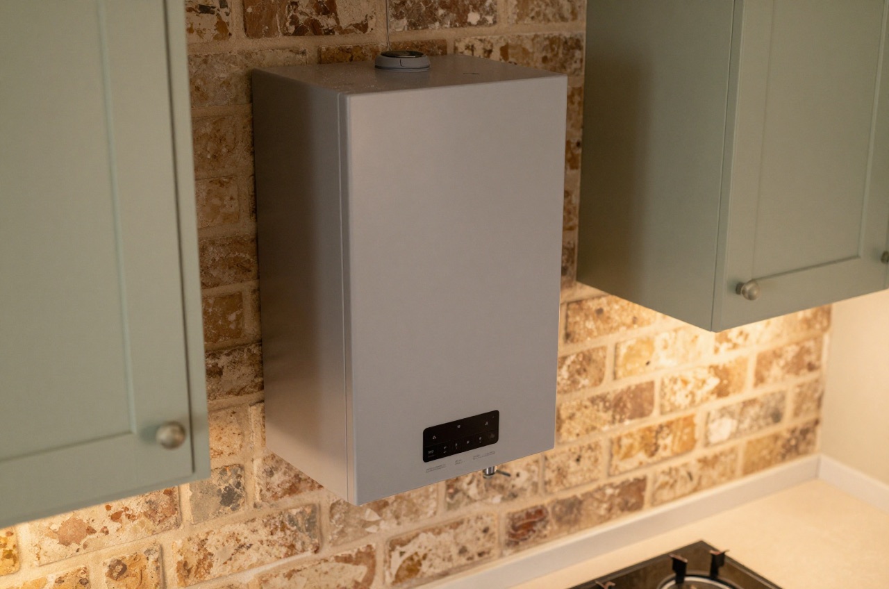 Combi boiler in a renovated British kitchen setting.