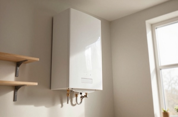 Modern white combi boiler in a bright, airy UK utility room.