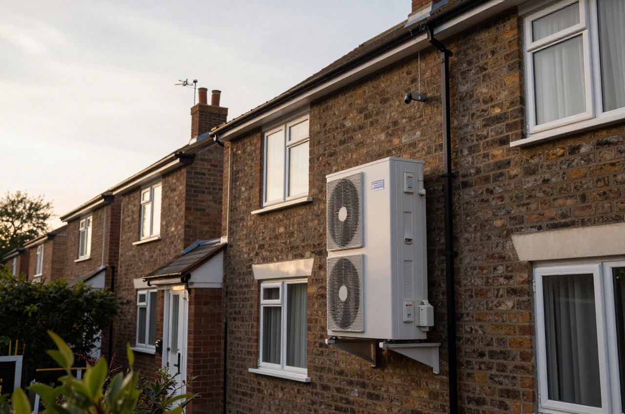 Exterior of a UK brick house with a newly installed heat pump.