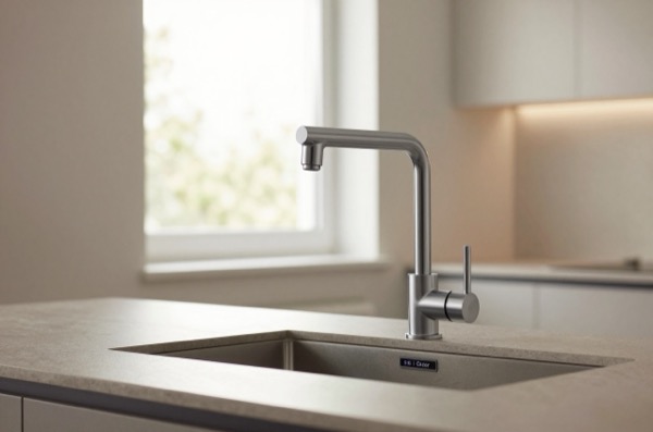 Modern boiling water tap with digital display in a sleek kitchen setting.