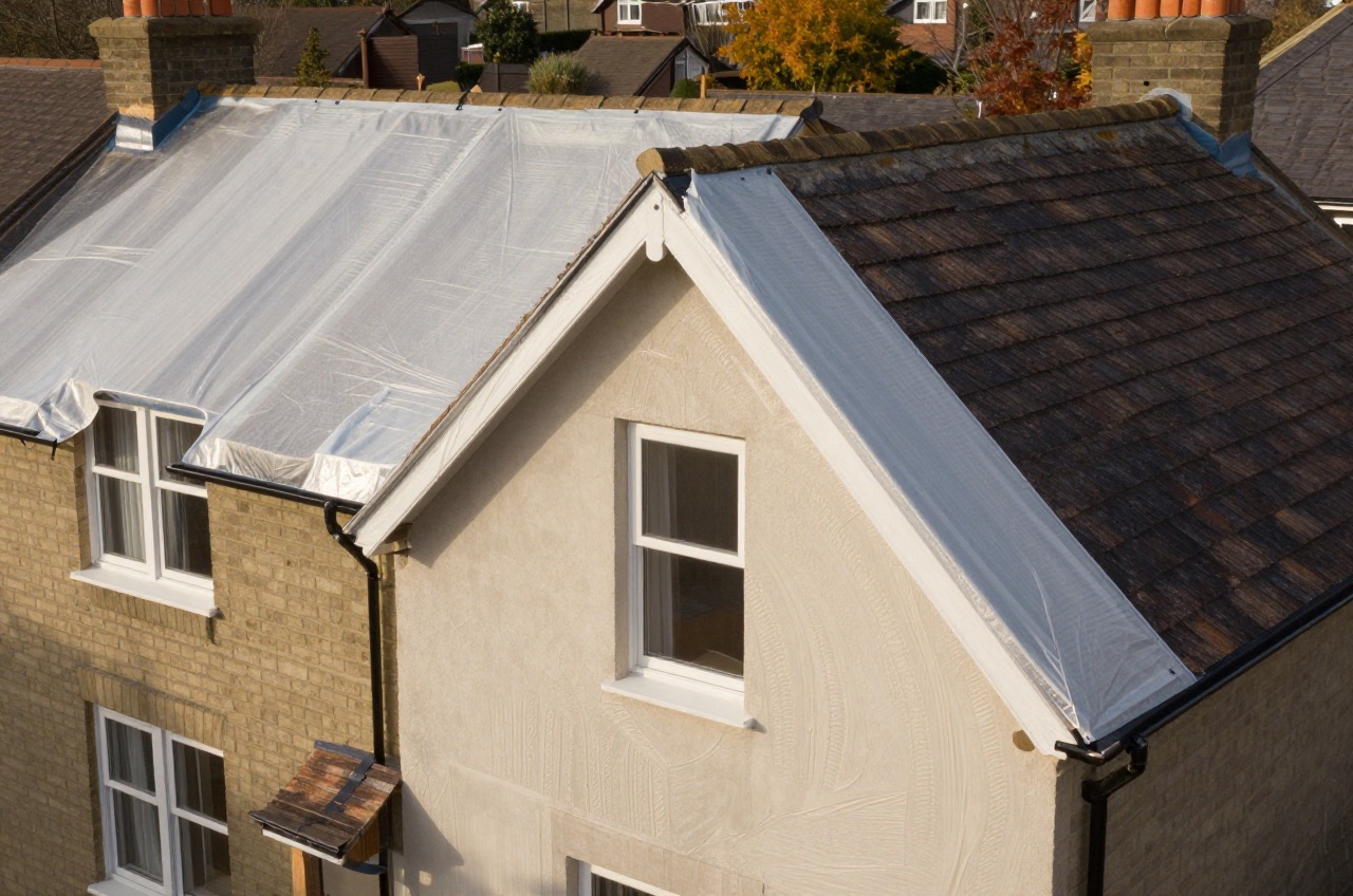 Partially covered terraced house gable end with layered membranes
