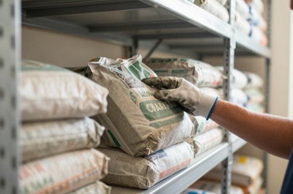 Gloved hand selecting cement bag from a metal shelf.