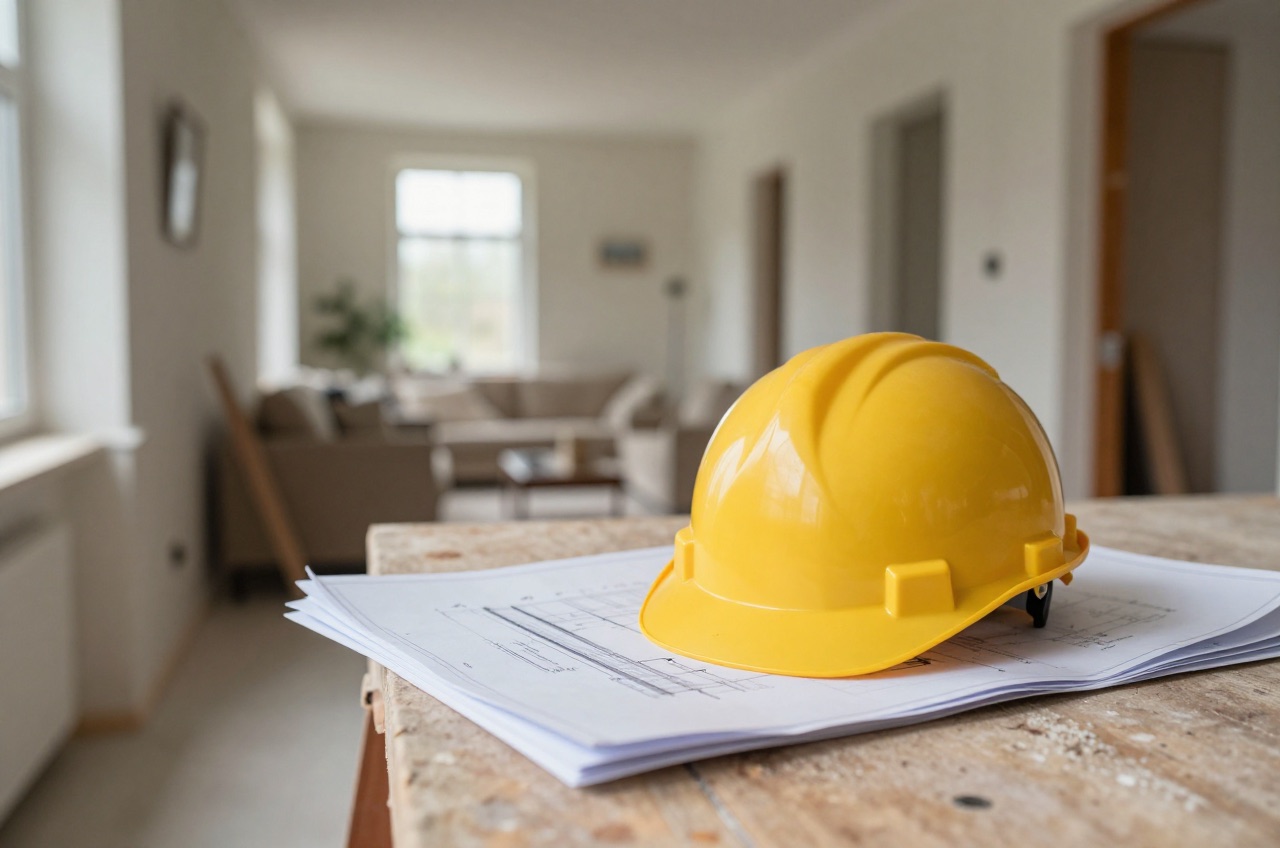 Blueprints and hard hat on workbench in hallway.
