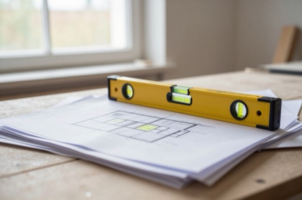 Architectural drawings and spirit level on a workbench.