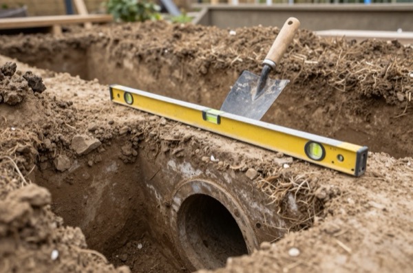 Garden trench exposing old clay sewer pipe