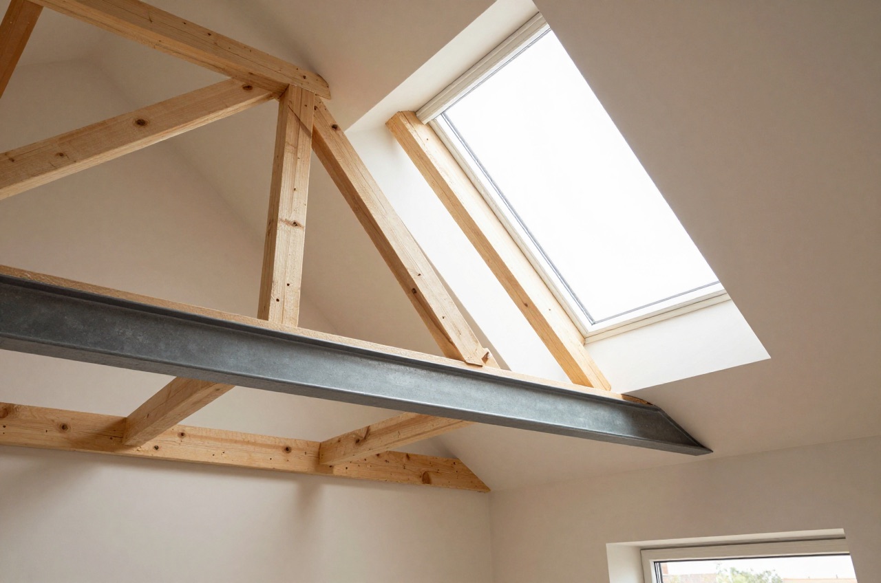 Unfinished loft conversion with exposed trusses and new steel beam.