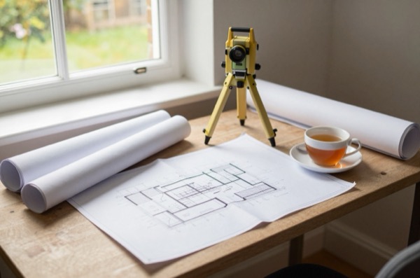 Desk with architectural plans and surveying tools.