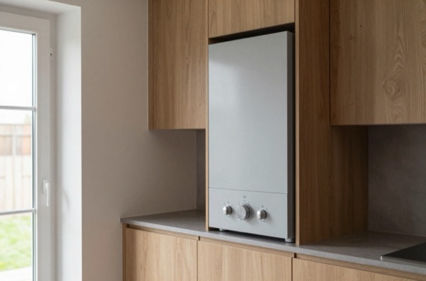 Sleek combi boiler integrated into a modern kitchen corner.