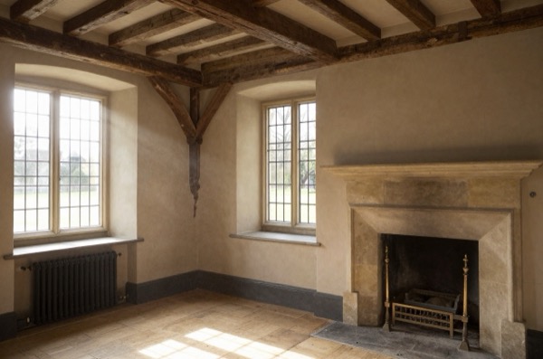 Period living room interior with beams and stone fireplace.